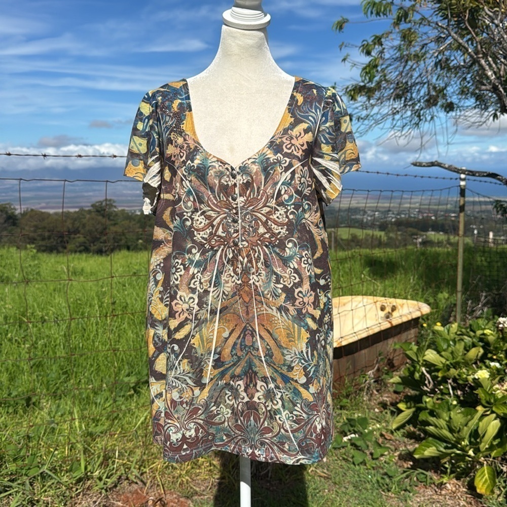 Oneworld Y2K Embellished brown Short Sleeve Top 1X